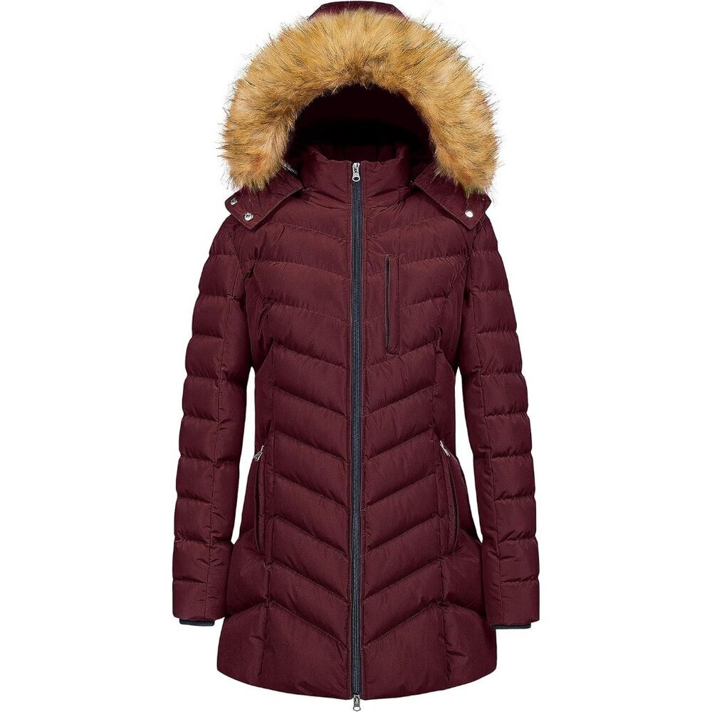 Women's Burgundy Winter Warm Long Hooded Puffer Jacket Coat Fabric Waterproof